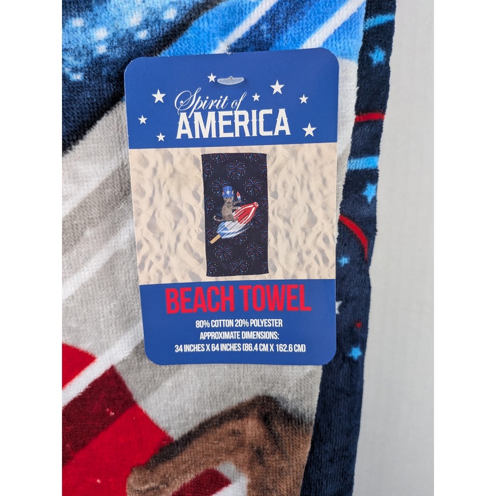 Spirit of America Patriotic Cat Rocket Beach Towel Navy Blue 34x64 New